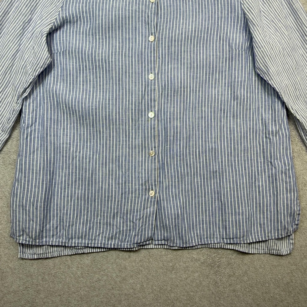 J Jill Love Linen Essential Shirt Womens Petite Large Blue Stripe Long Sleeve - Picture 4 of 16